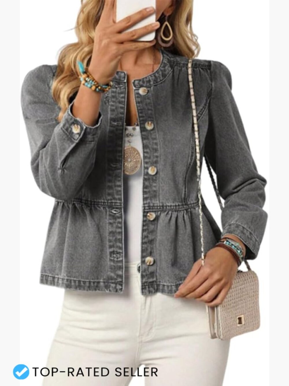 Peplum Jean Jacket Women Button Down Cropped Denim Shirt Trendy Y2K Ruffle Hem
